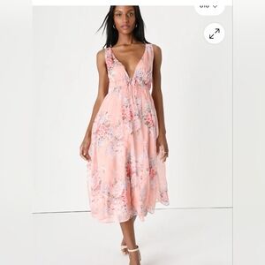 What a Beauty Peach Pink Floral Print Tie-Front Midi Dress